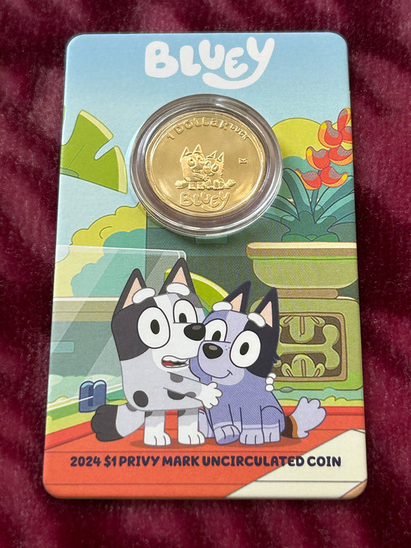 2024 Bluey 'Muffin & Socks' $1 Dollar Privy Mark Carded Coin