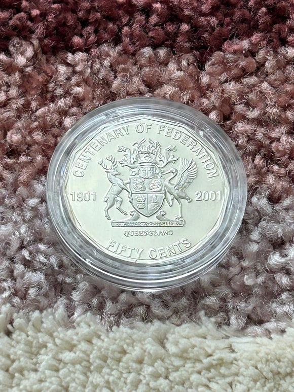 2001 Centenary of Federation QLD Coat of Arms Proof 50c Coin