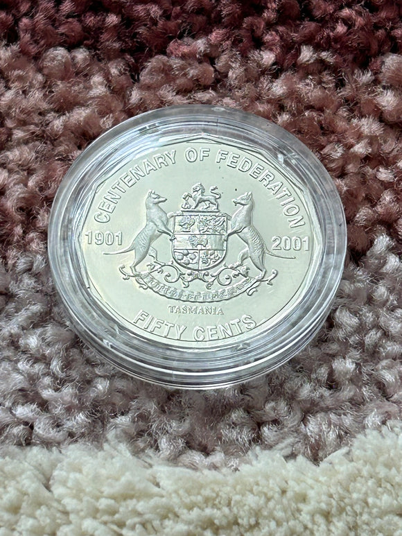 2001 Centenary of Federation TAS Coat of Arms Proof 50c Coin